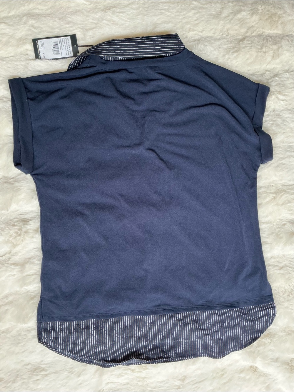 Adrianna Papell Navy Short-Sleeve Polo Top with Striped Trim - Picture 4 of 4